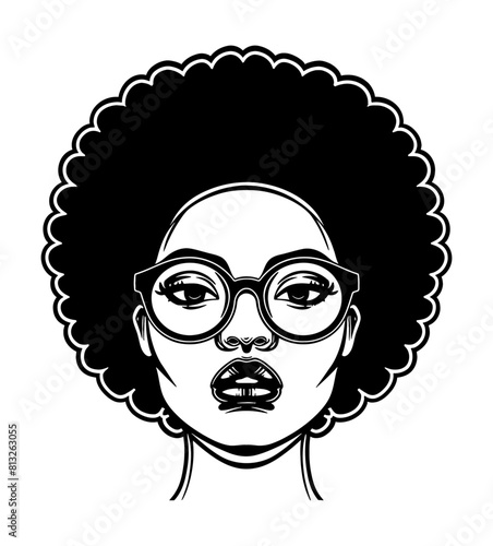 woman afro glasses engraving black and white outline