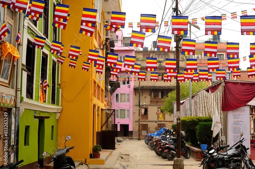 Street in Lalitpur (Patan), Nepal, Decorated with Buddhist Flags photo