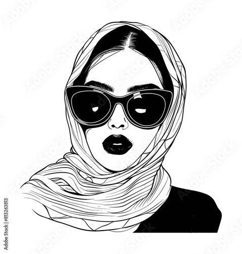 woman shawl sunglasses engraving black and white outline