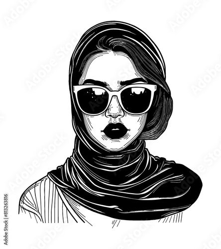 woman shawl sunglasses engraving black and white outline