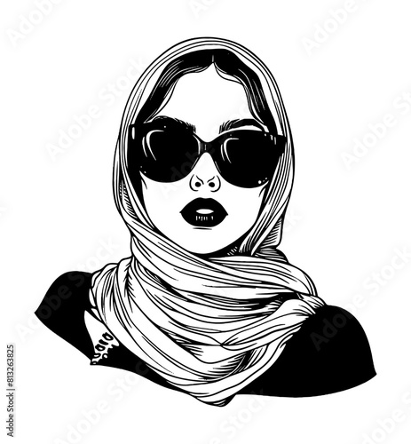 woman shawl sunglasses engraving black and white outline