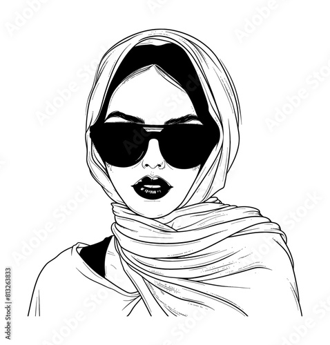 woman shawl sunglasses engraving black and white outline