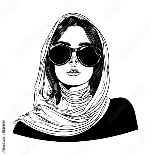 woman shawl sunglasses engraving black and white outline