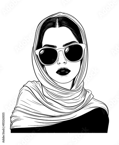 woman shawl sunglasses engraving black and white outline