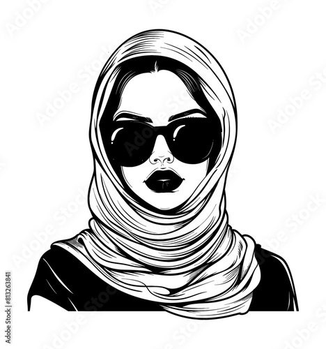 woman shawl sunglasses engraving black and white outline