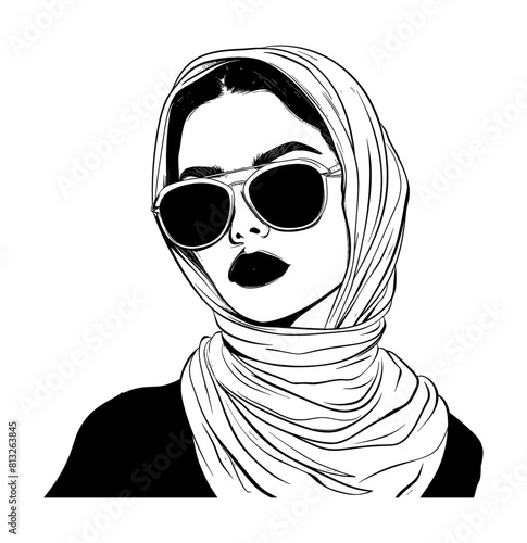woman shawl sunglasses engraving black and white outline