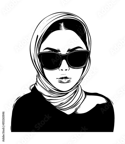 woman shawl sunglasses engraving black and white outline