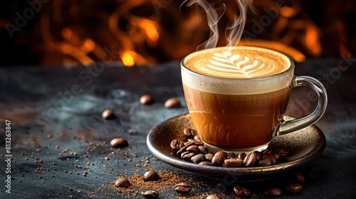 steaming coffee cup with latte art, surrounded by scattered coffee beans on a dark background