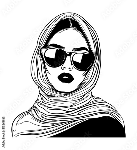 woman shawl sunglasses engraving black and white outline