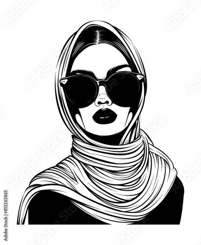 woman shawl sunglasses engraving black and white outline