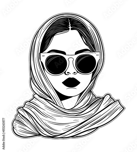 woman shawl sunglasses engraving black and white outline