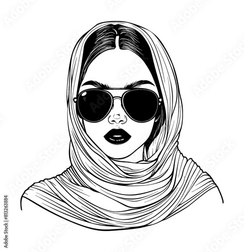 woman shawl sunglasses engraving black and white outline