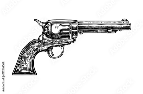 retro revolver gun engraving black and white outline