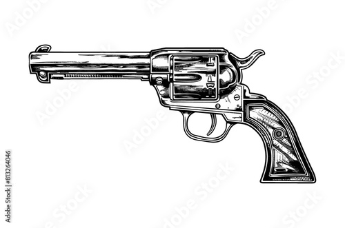retro revolver gun engraving black and white outline
