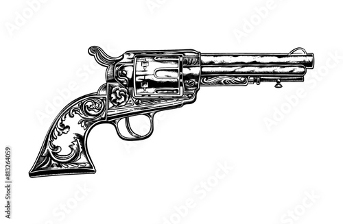 retro revolver gun engraving black and white outline
