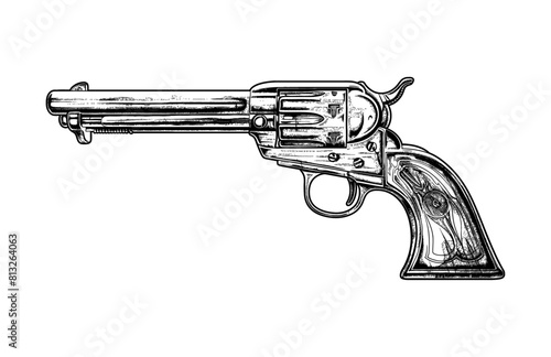 retro revolver gun engraving black and white outline