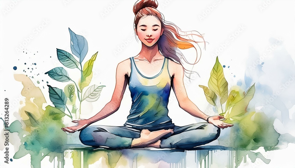 watercolor sketch of young woman doing yoga on white background watercolor sketch of young woman doing yoga on white background