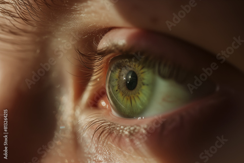 Horizontal macro shot of a green eye illuminated by the sunrise