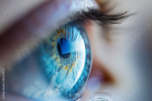 Horizontal macro shot of a blue eye illuminated by the sunrise