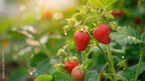Strawberry plant with ripening berries growing in the garden