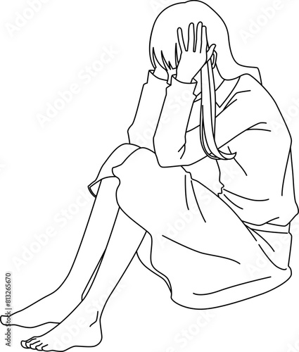 頭を抱えて体育座りで悩んでいる女性線画