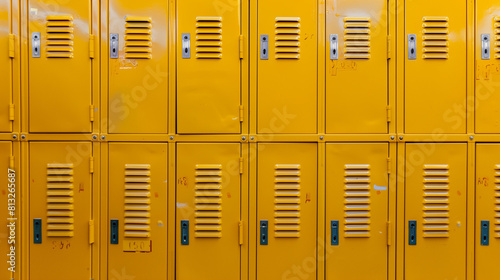 A wall of school lockers in a repeating pattern, each painted a vibrant yellow and equipped with a combination lock and vented doors photo