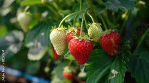 Strawberry plant with ripening berries growing in the garden