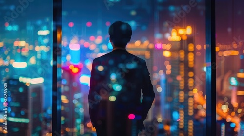 Successful Businessman Looking Out of the Window on Late Evening  Modern Hedge Fund Investor Enjoying Successful Life  Urban View with Down Town Street with Skyscrapers at Night with Neon Lights
