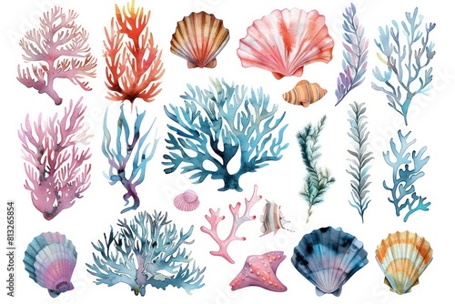 sea weed, stones, shells, corals, fish in watercolor on white background