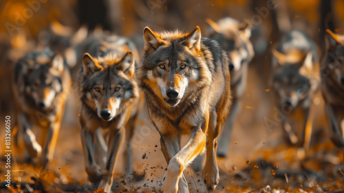 grayscale Wolf pack in motion  real photo  high resolution  sharp focus  soft light  bokeh background.