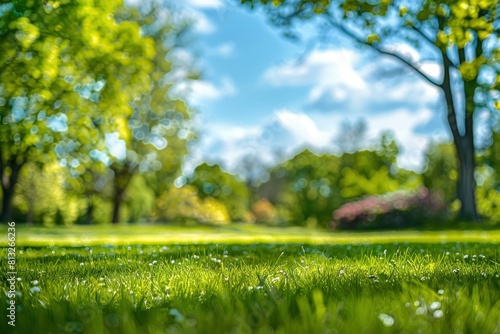 Beautiful blurred background image of spring nature with a neatly trimmed lawn surrounded by trees against a blue sky with clouds on a bright sunny day - generative ai