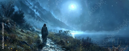 Jesus walks gracefully along a moonlit path, stars twinkling overhead, as if the universe itself guides his steps photo