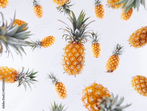 pineapples flying on air over a white background