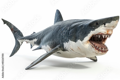 white shark open mouth showing teeth  white background