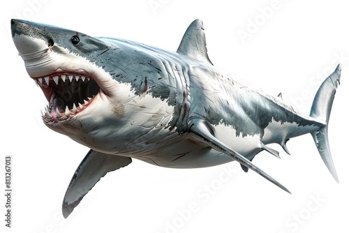 white shark open mouth showing teeth  white background