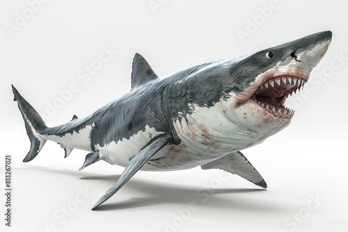 white shark open mouth showing teeth  white background