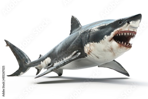 white shark open mouth showing teeth  white background