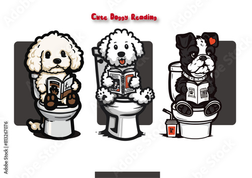 This cartoon illustration features a cute dog sitting on a toilet seat and reading a book. some dog are wearing glasses and has a focused expression on its face. 
