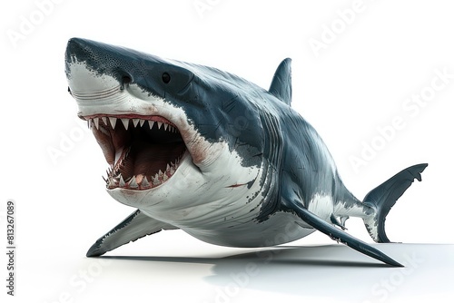 white shark open mouth showing teeth, white background