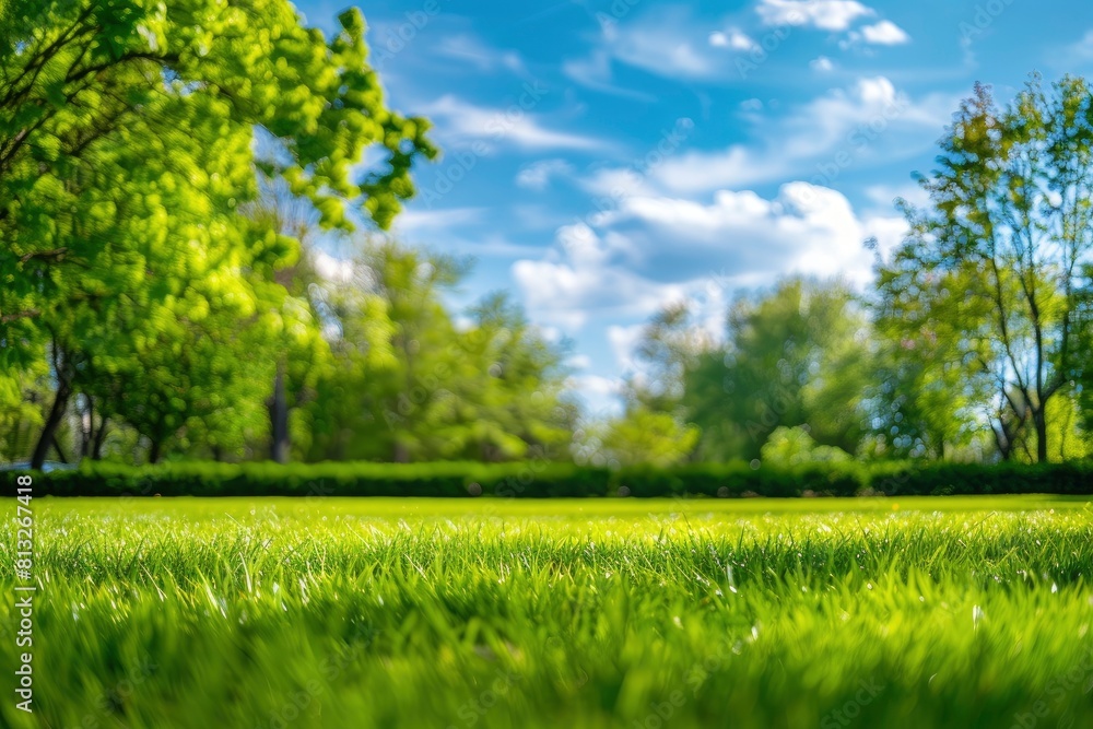 Beautiful blurred background image of spring nature with a neatly trimmed lawn surrounded by trees against a blue sky with clouds on a bright sunny day - generative ai