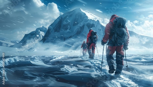 Portray a group of explorers trekking across a polar ice cap, braving subzero temperatures and biting winds photo