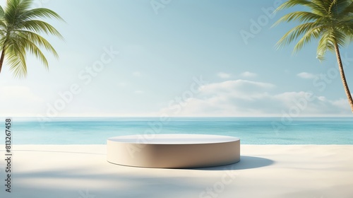 3d rendering of a blank podium stage on a sandy beach with palm trees and the ocean in the background.
