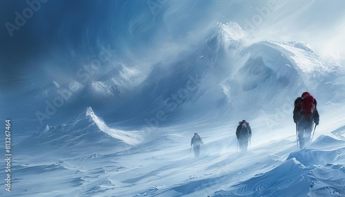 Portray a group of explorers trekking across a polar ice cap, braving subzero temperatures and biting winds photo