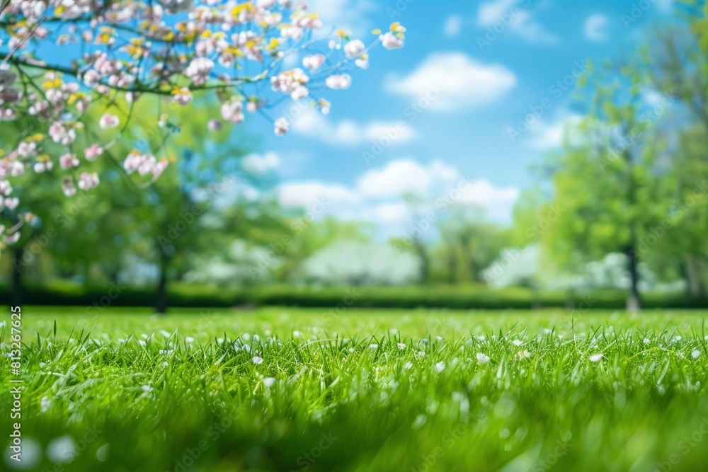 Beautiful blurred background image of spring nature with a neatly trimmed lawn surrounded by trees against a blue sky with clouds on a bright sunny day - generative ai Beautiful blurred background image of spring nature with a neatly trimmed lawn surrounded by trees against a blue sky with clouds on a bright sunny day - generative ai