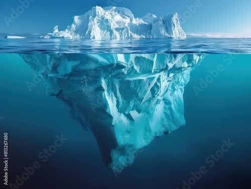 big iceberg transparent waters, showing underneath the surface of the water