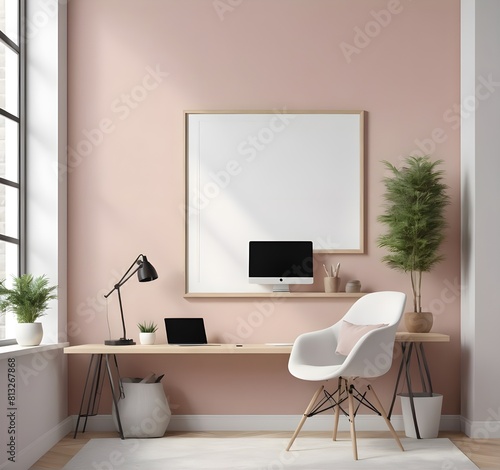 Frame mockup, ISO A paper size. Home Office wall poster mockup. Interior mockup with office background. Modern interior design. 3D render photo