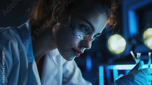 unrecognizable female forensic scientist looking at a pistol bullet evidence at the crime scene, Crime scene lights visible in the background