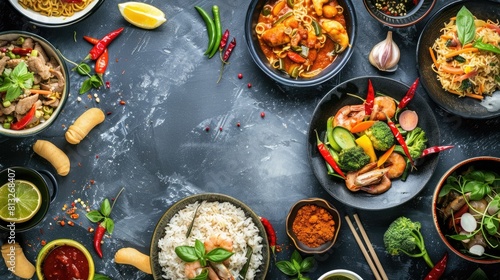 Various of asian meals on rustic background top view place for text, Asian food concept copy space on left
