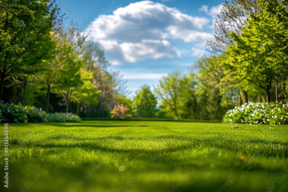 Beautiful blurred background image of spring nature with a neatly trimmed lawn surrounded by trees against a blue sky with clouds on a bright sunny day - generative ai