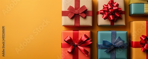 Gift boxes in sand flat design top view festive mood theme 3D render Triadic Color Scheme